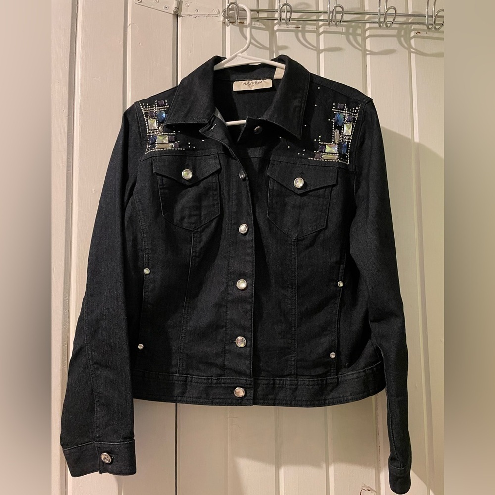 Chico’s platinum denim bling jacket size 1 =medium (8) like new
